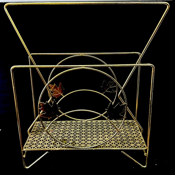 Mid Century Modern gold tone metal magazine/ record holder with maple leaf motif - Picture 1 of 8